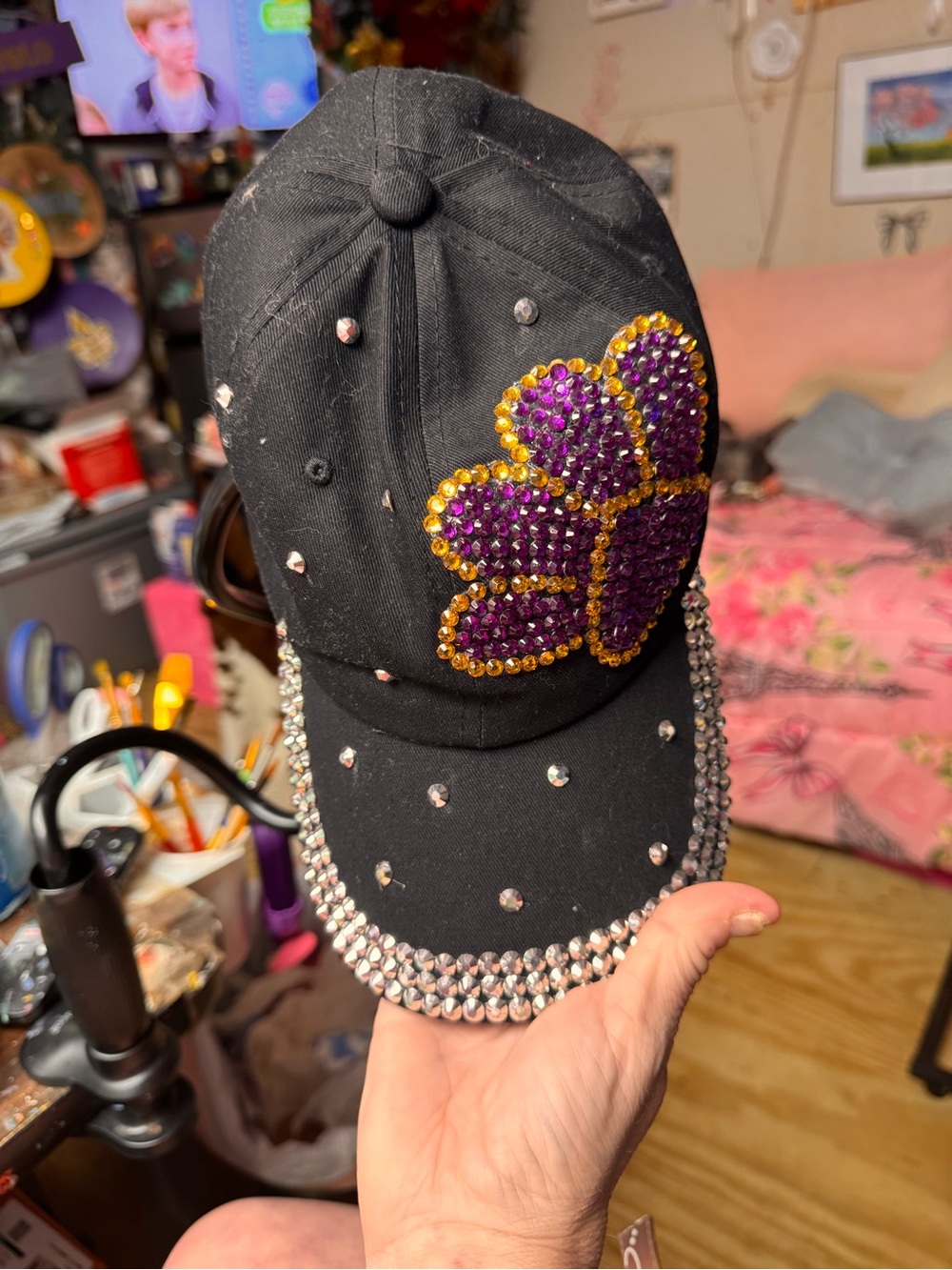 Embellished Black Rhinestone Baseball Cap with Purple & Gold Flower